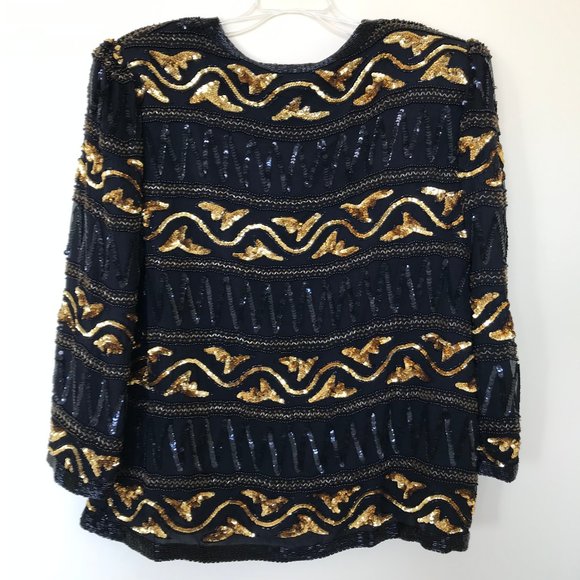 Creative Creations Silk Fully Hand Beaded Jacket Top Black & Gold Ornate Sequin - Picture 6 of 6